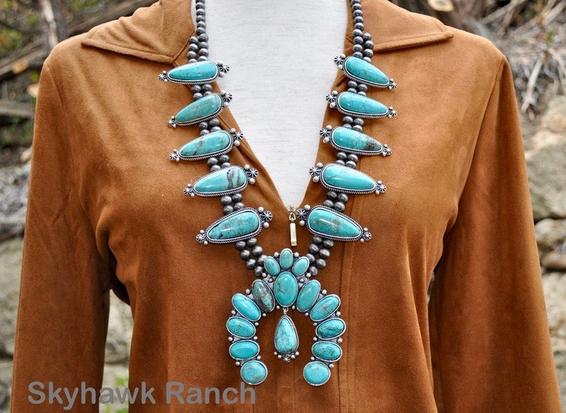 Full Squash Blossom Turquoise Necklace image 1