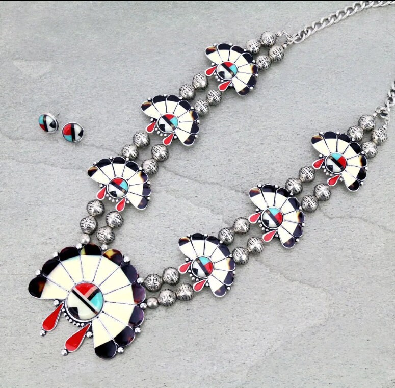 Zuni Style Squash Blossom Necklace "Sunface" Chief Squash Blossom