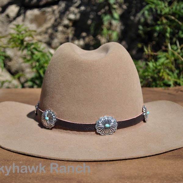 Turquoise Concho Hat Band- Brown Leather Hat Band