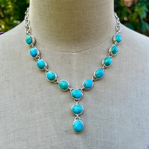 Kingman Turquoise Lariat Necklace, Sterling Silver Choker, Handmade, Adjustable
