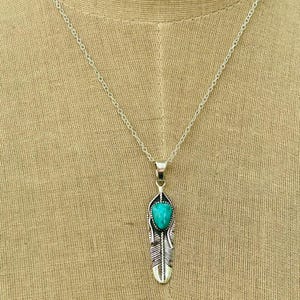 Turquoise Feather Necklace: Sterling Silver Pendant, Beachy Surf Style
