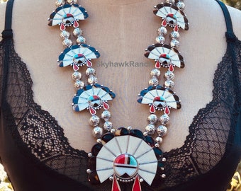 Squash Blossom Necklace - Silver Plate Reproduction - Southwestern Style Statement Jewelry