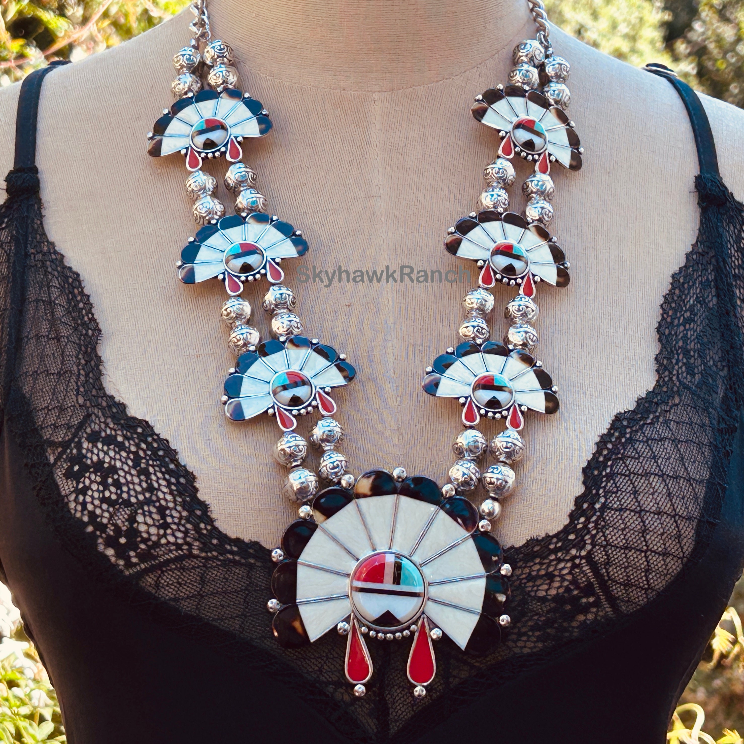 Zuni Style Squash Blossom Necklace Sunface Chief Enameled Reproduction Squash Blossom Necklace Zuni Style Squash Blossom Necklace Sunface Chief Enameled Reproduction Squash Blossom Necklace