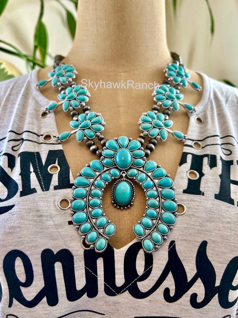 Squash Blossom Turquoise Necklace Set Turquoise Earrings - Etsy