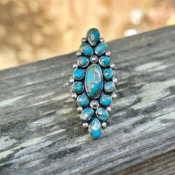 Véritable bague Kingman turquoise, bague matricielle en cuivre, bague en grappe turquoise, bague de style sud-ouest, bague tendance