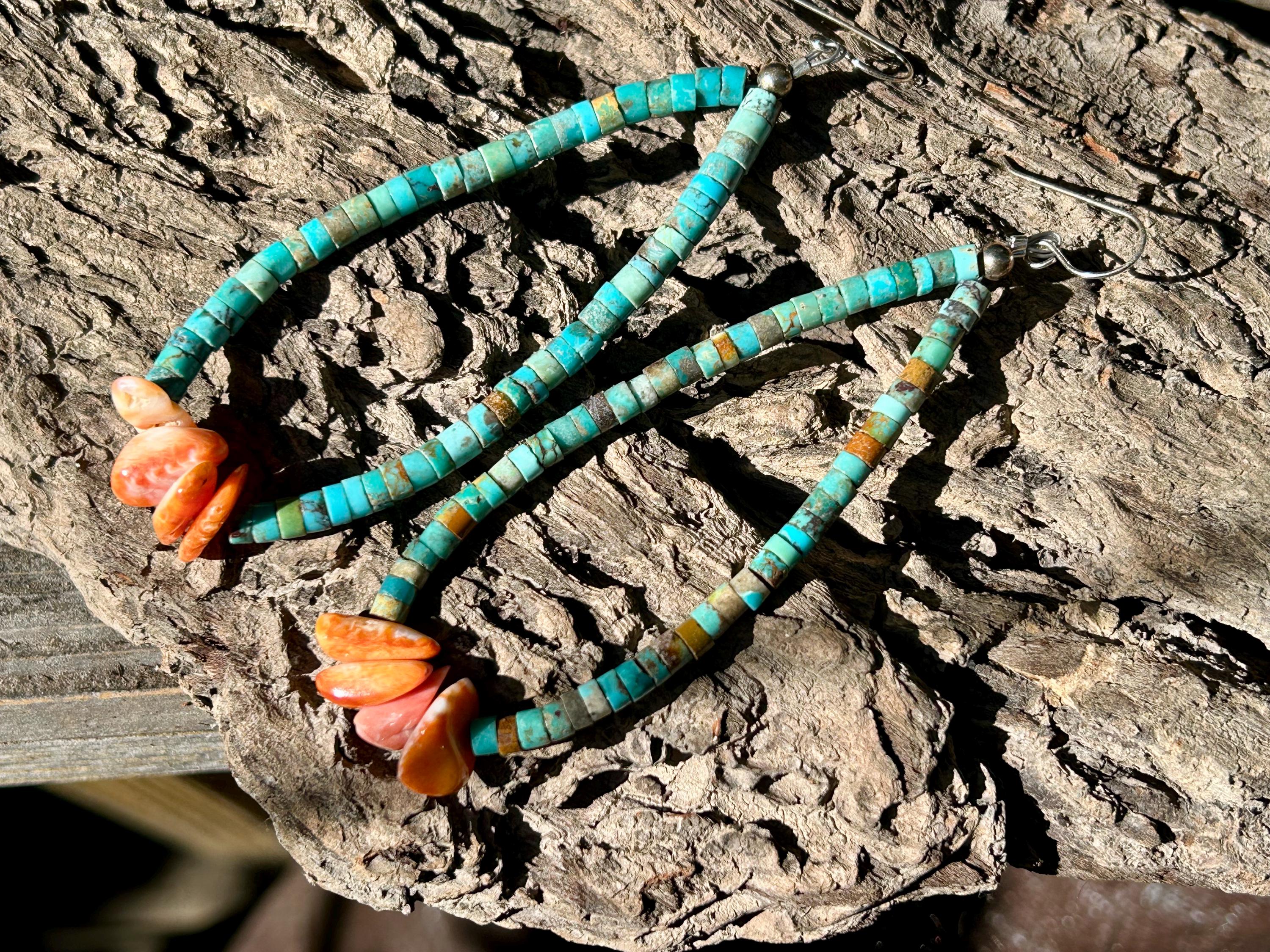 Boucles D'oreilles Pendantes Vintage - Style Sud-Ouest - Turquoise Et Huitre Epineuse