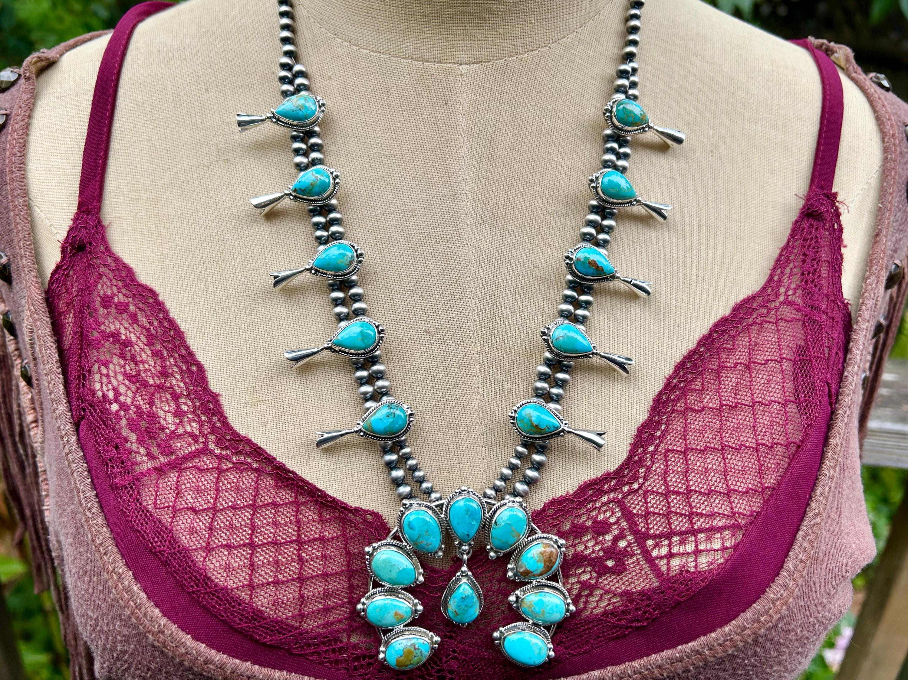 Kingman Turquoise Squash Blossom Necklace, Turquoise Necklace, Signed Hallmarked Sterling Southwestern Necklace, Handmade Squash Blossom