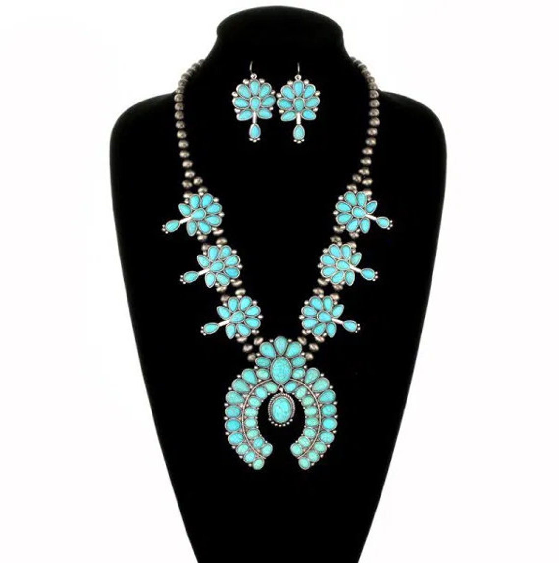 Squash Blossom Turquoise Necklace Set Turquoise Earrings Etsy