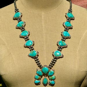 Genuine  Kingman Turquoise Squash Blossom Necklace Sterling Silver Traditional Style Squash Blossom Necklace Turquoise Necklace
