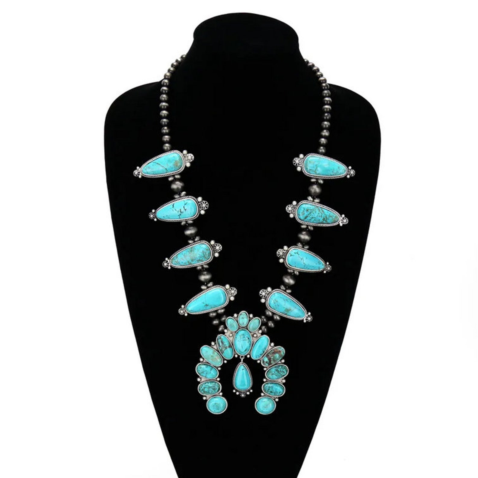 Full Squash Blossom Turquoise Necklace Etsy