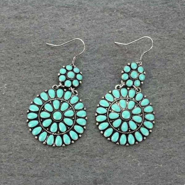 Turquoise Concho Earrings  Zuni Style Petite Point Turquoise Earrings  Enamel Earrings Native Inspired Western Jewelry