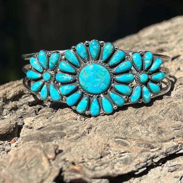 Genuine Turquoise Cluster Bracelet 925 Sterling Silver Cuff Bracelet Adjustable Bracelet Turquoise Cluster Cuff