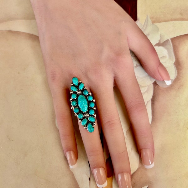 Genuine Turquoise Ring Big Statement Ring Southwest Style Turquoise Sterling Silver Ring Turquoise Cluster Ring