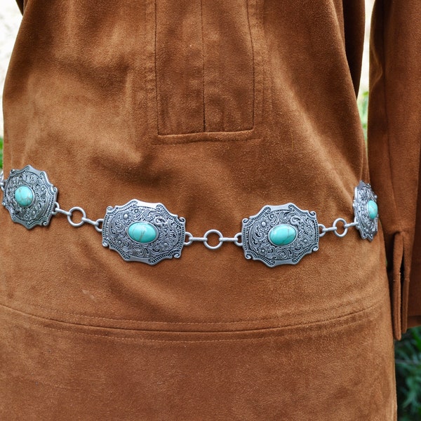 Western Concho Turquoise Belt Western Concho Chain Link Belt Western cowgirl Southwestern Boho Native Concho Belt