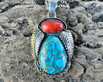 Turquoise Coral Necklace: Sterling Silver Pendant, Southwestern Style