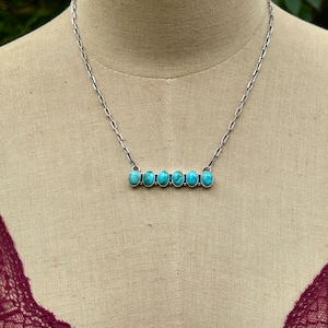 Kingman Turquoise Bar Pendant Necklace - Sterling Silver Paper Clip Chain