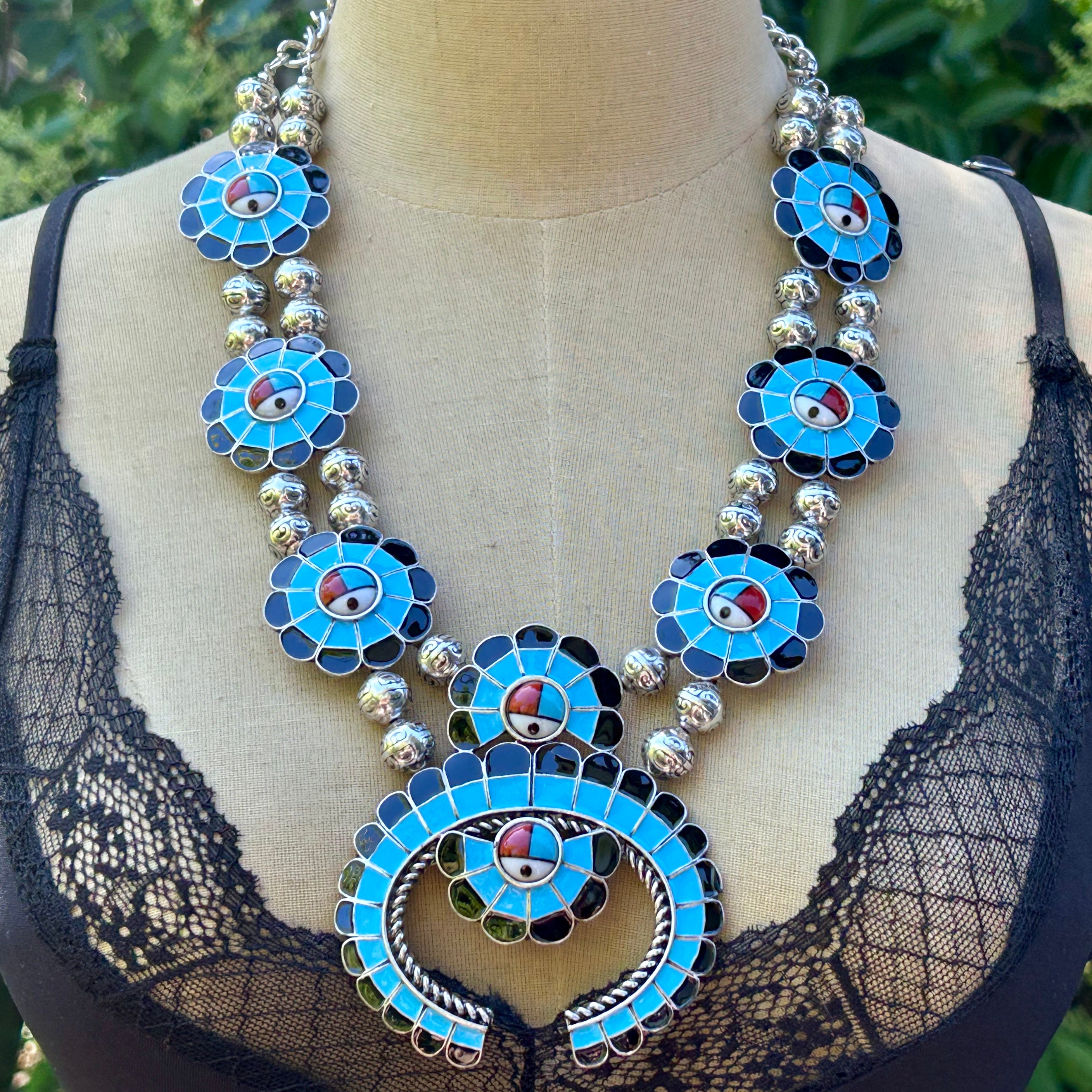 Zuni Style Squash Blossom Necklace Western Southwestern Boho