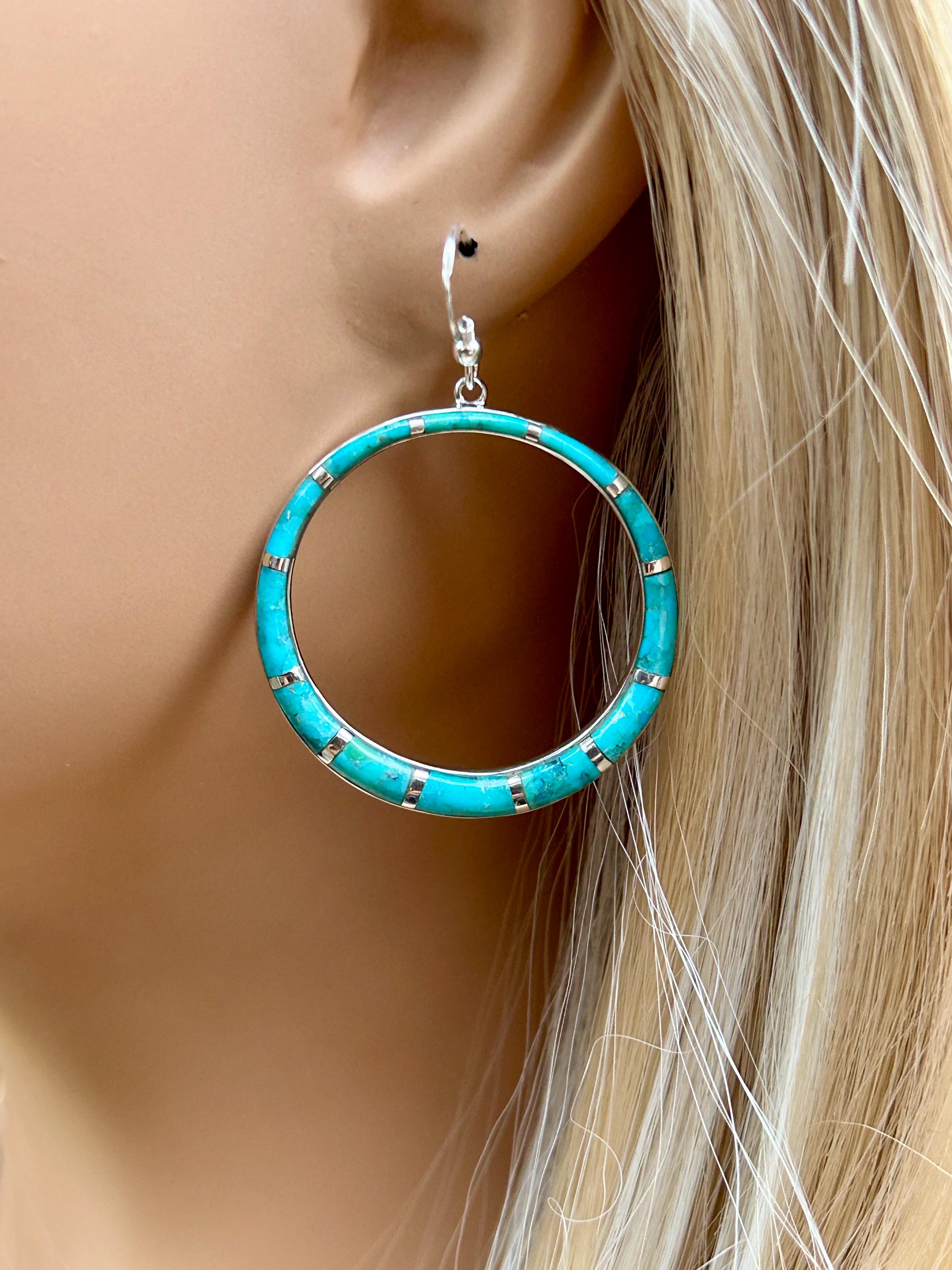 Turquoise Sterling Silver Hoop Earrings 1.5"