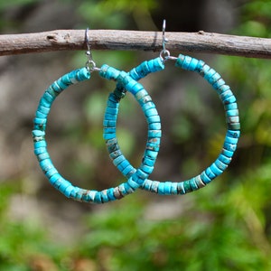 Genuine Turquoise Hoop Earrings -Turquoise Earrings -Turquoise Hoops-Beaded Earrings-Boho Earrings 1 3/4"