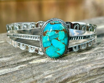 Genuine Turquoise Bracelet with Copper Matrix 925 Silver Cuff Southwestern Western Bracelet