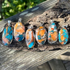 Turquoise Spiny Oyster Gemstone Pendant Necklace Kingman Spiny Oyster Turquoise Pendant Silver Chain Included Large Pendants