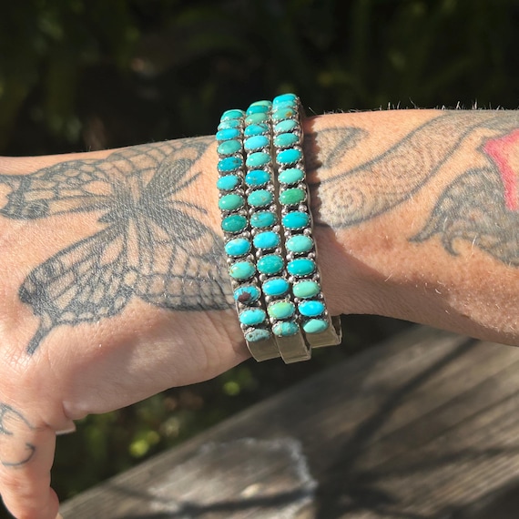 Kingman Turquoise Bracelet, Sterling Silver Cuff, Navajo Handmade, Signed L James, Collectible Quality