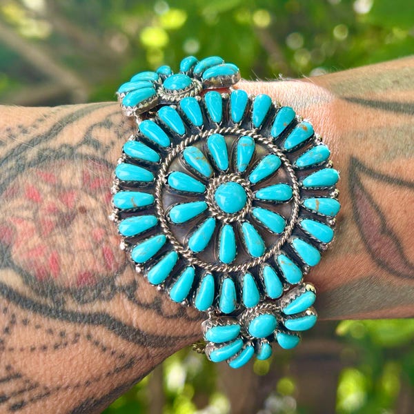 Genuine Navajo Kingman Turquoise Cluster Cuff Navajo Handmade Signed Sterling Bracelet