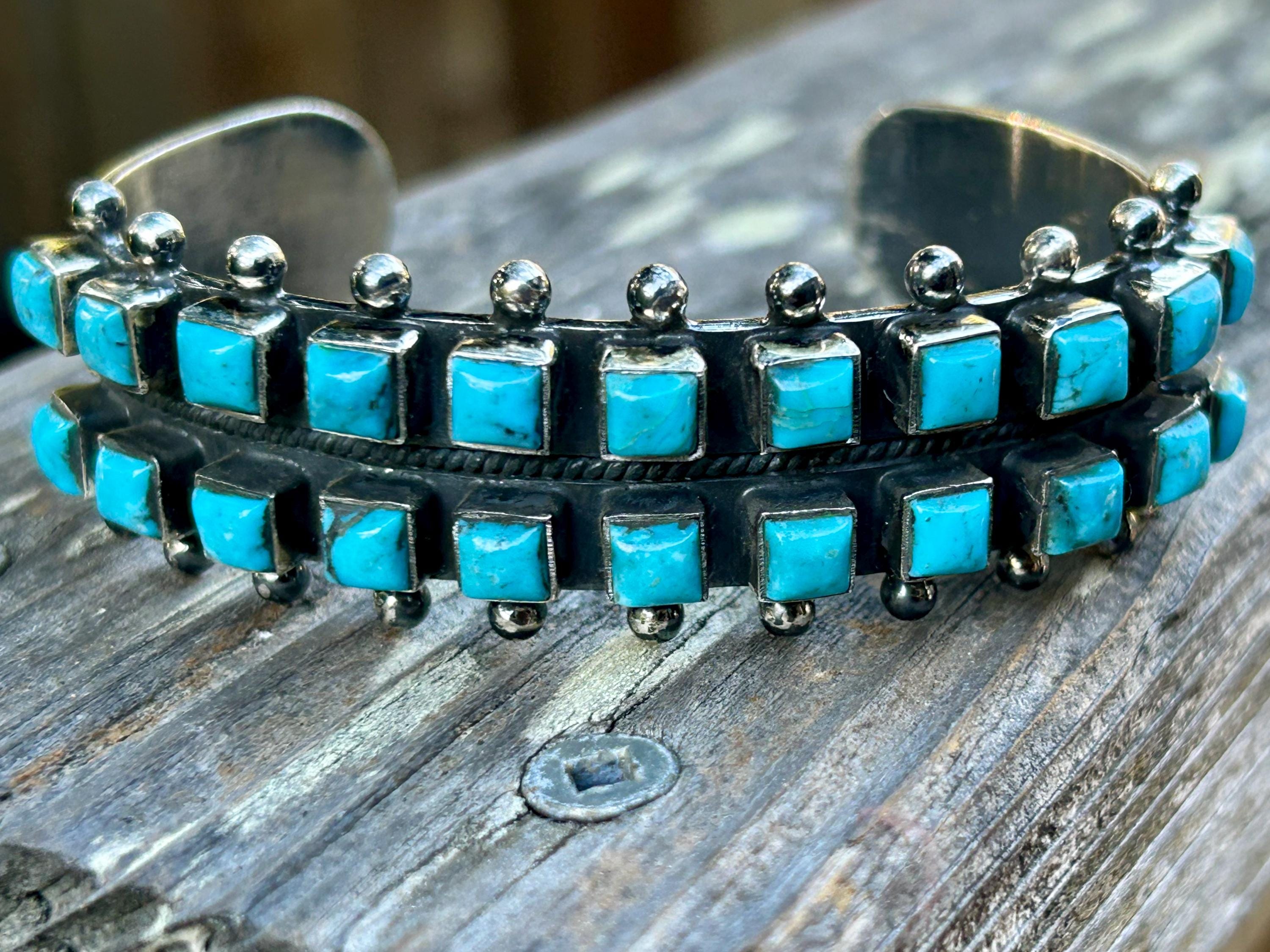 Kingman Turquoise 2 Row Vintage Cuff Sterling Silver Turquoise Bracelet ...