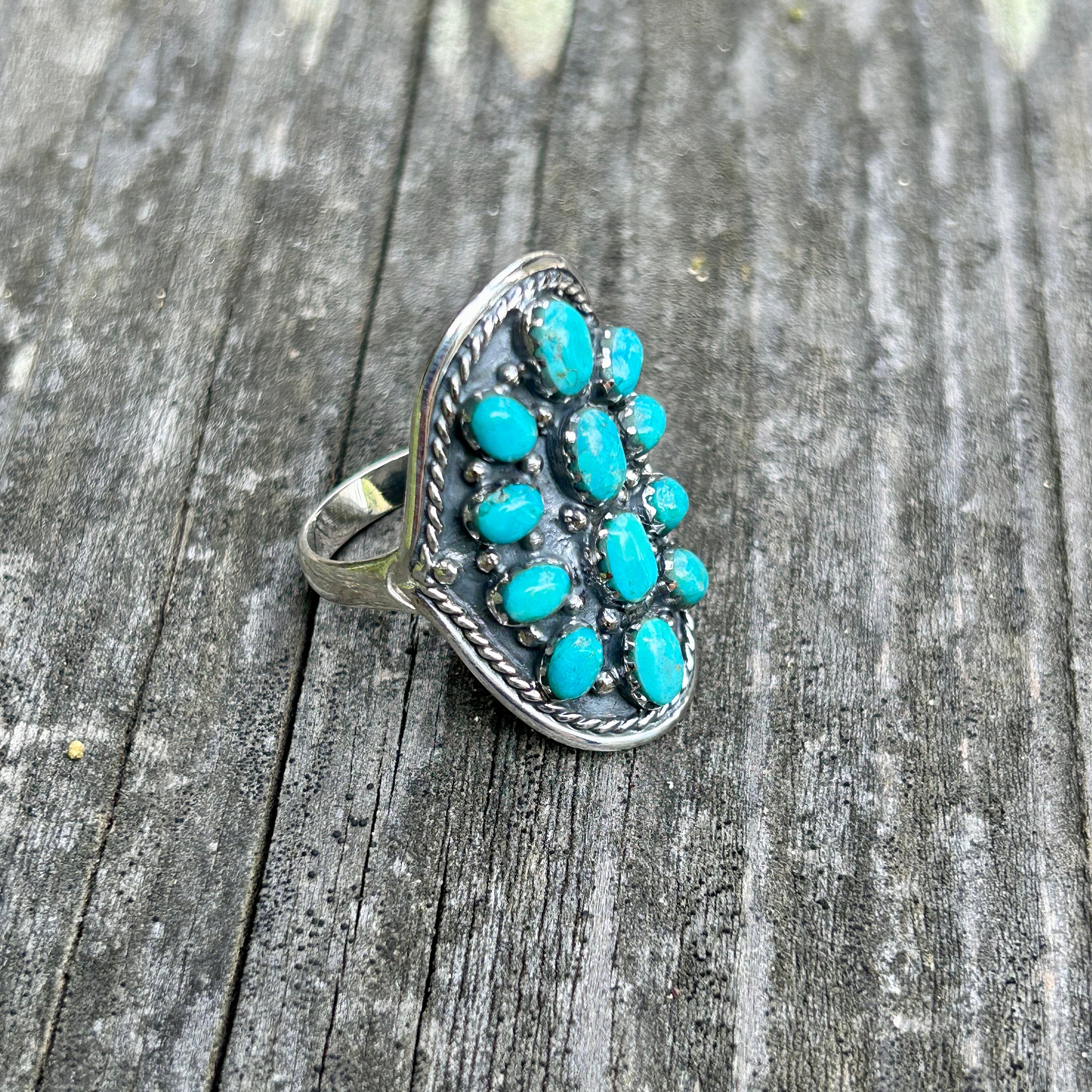 Genuine Turquoise Cluster Ring 925 Sterling Silver Turquoise