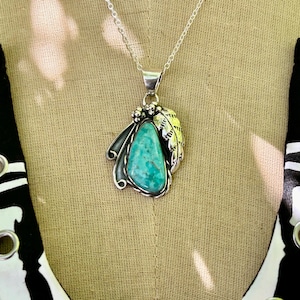 Turquoise Feather Pendant Necklace:  Sterling Chain, Southwestern Design