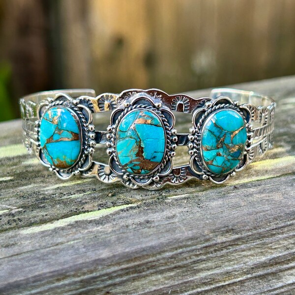 Bracciale in argento con matrice di rame turchese autentico, polsino regolabile, gioielli in stile sud-occidentale, SPEDIZIONE GRATUITA