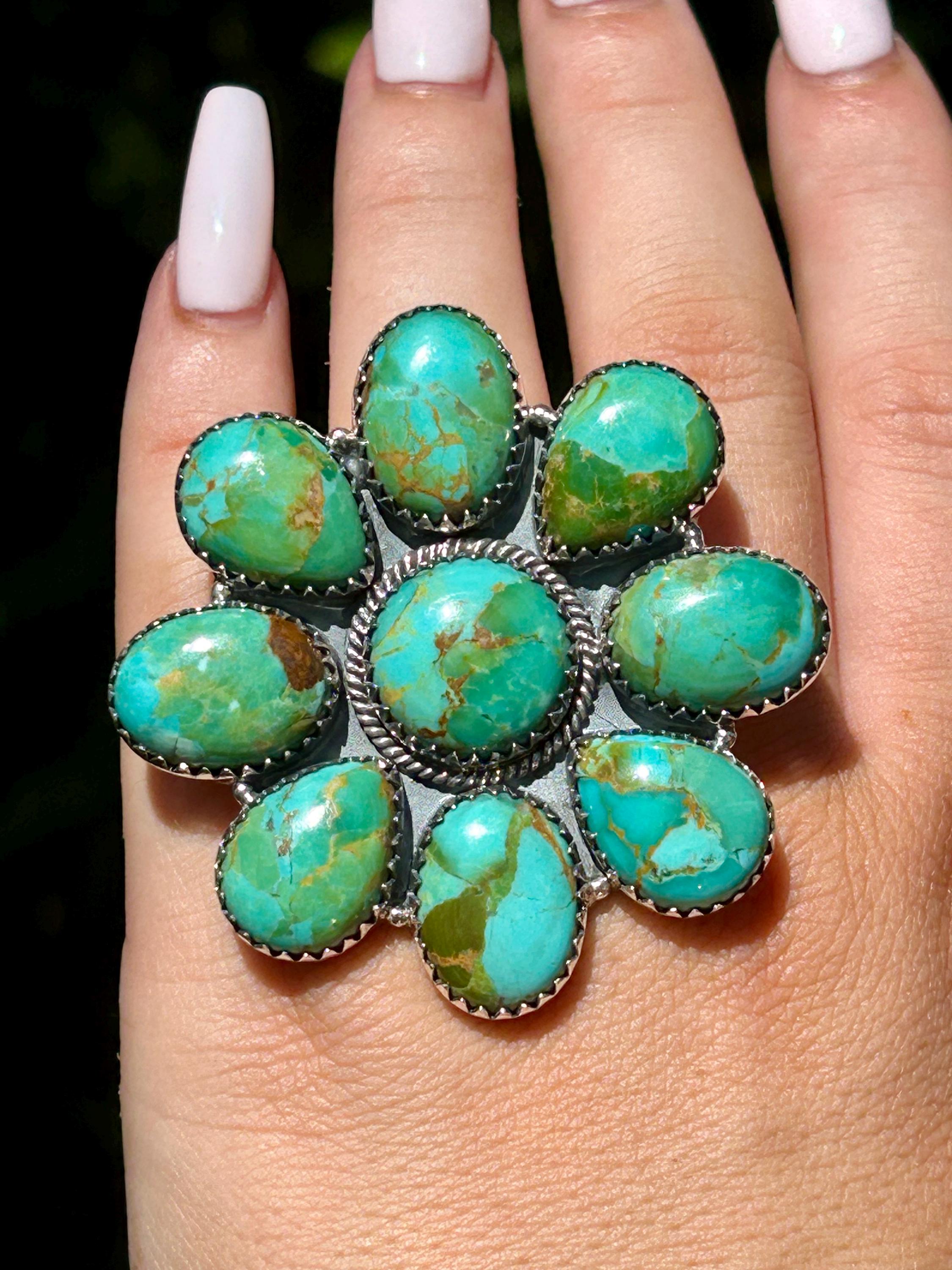 Kingman Turquoise Statement Ring: Adjustable Sterling Silver Flower - Etsy