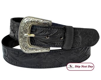 Womens Country/Western Black Leather Embellished Rodeo Removable Buckle Belt M/L
