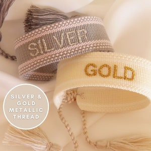 Personalized Embroidered Bracelet For Women Woven Bracelet Silver And Gold Thread Custom Bracelet Bachelorette Jewelry Gift For Her Wedding