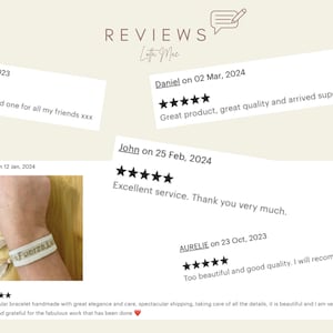 May include: Five star reviews for a handmade bracelet with the word "Fuerza" embroidered on it. The bracelet is white with brown tassels. The reviews highlight the quality, service, and speed of delivery.