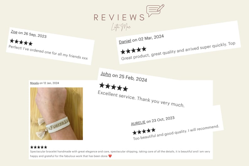 May include: Five star reviews for a handmade bracelet with the word "Fuerza" embroidered on it. The bracelet is white with brown tassels. The reviews highlight the quality, service, and speed of delivery.