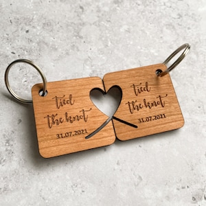 Tied The Knot Wedding Gift, Matching Couples Keyring, 5 Year Wedding Anniversary Gift, Wooden Couple Keychain, Personalised Keyring Cherry