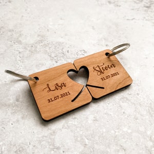 Matching Couples Keyring, Cut Wooden Couples Keychain, 5 Year Wedding Anniversary Gift, Personalised Keyring Anniversary Gift Cherry