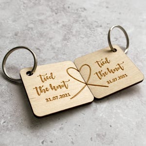 Tied The Knot Wedding Gift, Matching Couples Keyring, 5 Year Wedding Anniversary Gift, Wooden Couple Keychain, Personalised Keyring Ply