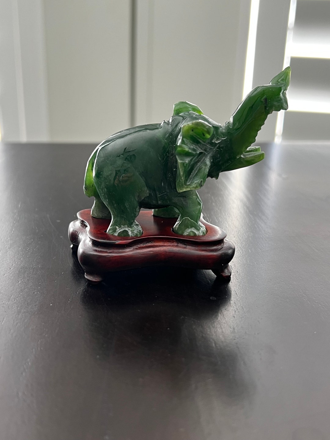 Vintage Spinach Green Jade Elephant With Wooden Stand Etsy
