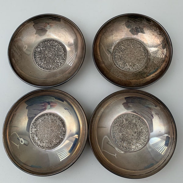 Sanborn of Mexico Sterling Silver AHU Aztec Calendar Coin Bowls Set of 4 Collectible Sterling Silver Coin Small Bowls