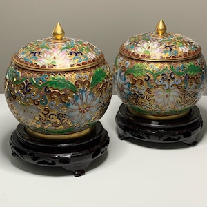 Vintage Pair of Cloisonne Round Ginger Jars with wooden stands