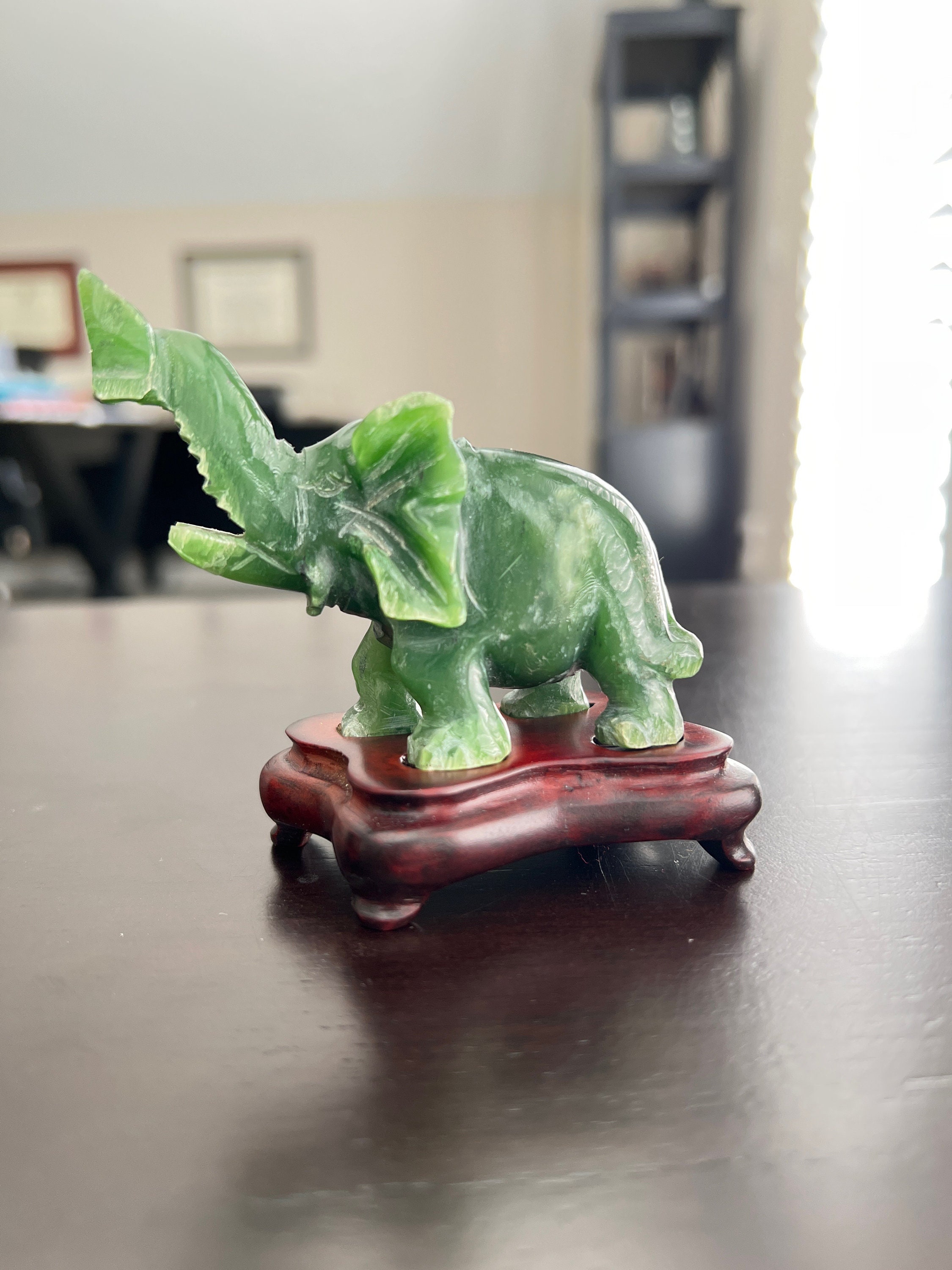 Vintage Green Jade Elephant With Wooden Stand Vintage