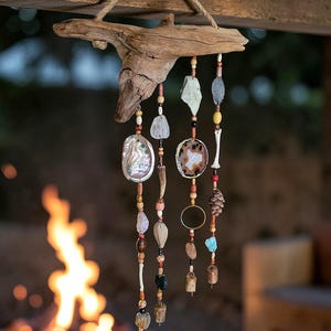Beachy Boho Wall Hanging, Ocean Driftwood Wind Chime, Coastal Forest Decor, Raw Crystal Suncatcher, Earthy Nature Art, Bohemian Style Home