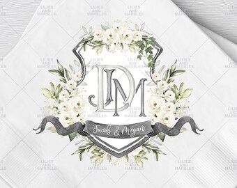 Custom Wedding Crest Napkins, Personalized Watercolor Logo, Wedding Monogram