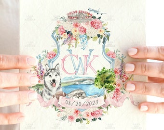 Custom Watercolor Wedding Crest with Florals, Wedding Monogram