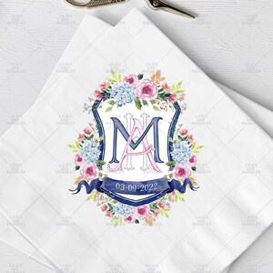Guardanapos de casamento personalizados com brasão de casamento, brasão de casamento personalizado, logotipo de casamento, brasão de casamento personalizado, brasão de aquarela, guardanapos de casamento