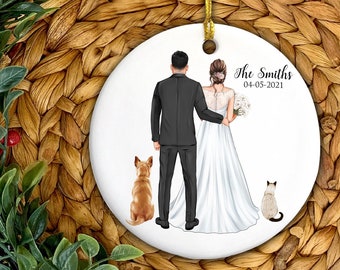 Wedding Ornament With Pets Mr and Mrs Ornament Just Married Ornament Custom Couple Ornament Personalized Couple Ornament Family Ornament