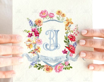 Custom Watercolor Wedding Crest, Floral Wedding Stationery, Monogram