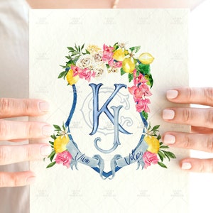 Custom Wedding Crest Amalfi Theme Custom Crest Wedding Crest Wedding Logo Personalized Wedding Crest Watercolor Crest Wedding Stationery